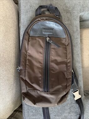 Coach Brown Nylon Sling Bag with Black Trim